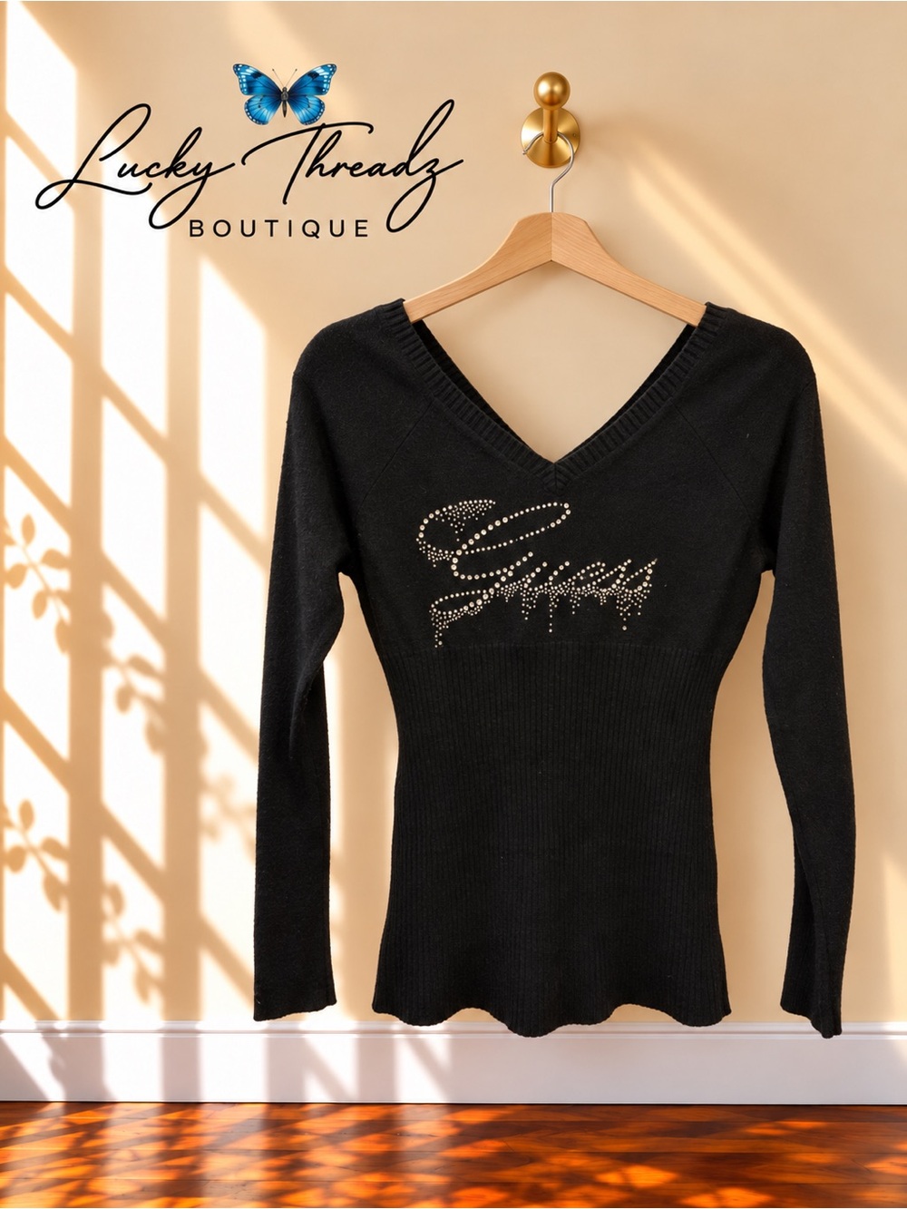 GUESS Black Rhinestone Logo V Neck Fitted Knit Sweater Estimated XS S Y2K